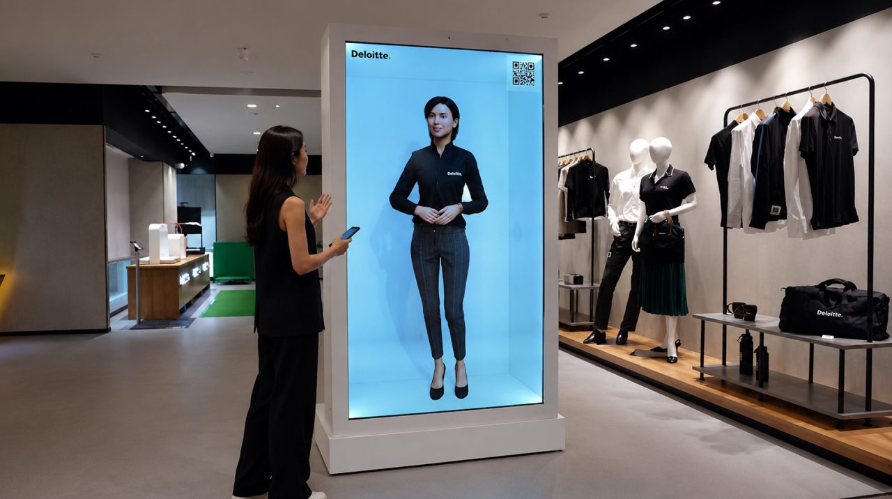 Digital virtual sales assistant display inside a modern Deloitte retail experience center